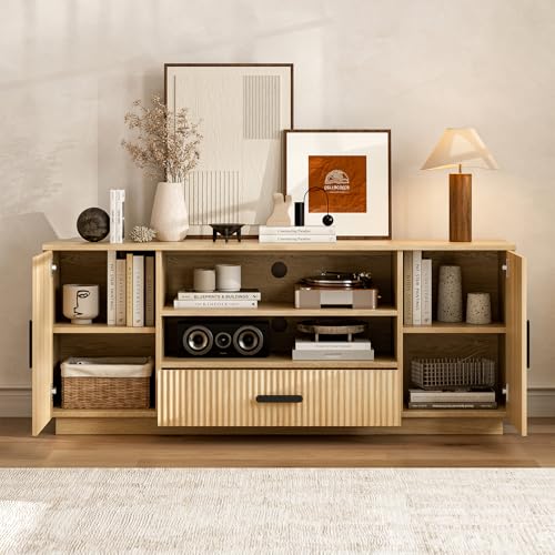 LCRBOL TV Stand for up to 70" TV, Mid-Century Entertainment Center, Natural | 63"W x 15.4"D x 25"H, 2 fluted cabinets, 1 drawer & open shelves, top holds 200 lbs, cable management, ~90 min assembly - color: Beige