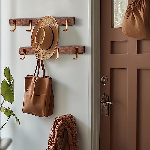 Wall Mounted Coat Rack, Entryway Hanging Coat Rack, Metal Wood Coat Rail with 4 Rustic Hooks Rail for Coat, Scarf, Bag, Towel, Key, Cap, Hat, Walnut Gold Matt - size: 4 Hooks - J Shape