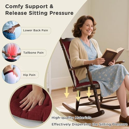 AddGrace Non-Slip Rocking Chair Cushion Extra Large Linen Thick Chair Pads Durable High Back Seat Cushions with Ties Set of 2 Burgundy - color: Burgundy