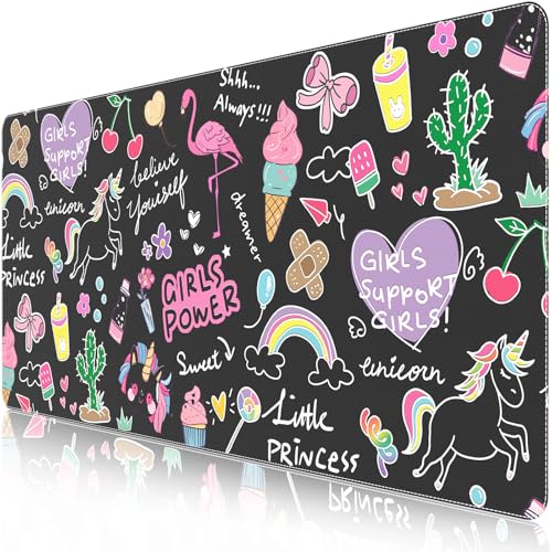 HAOCOO Kawaii Large Desk Cover Mat, 35.4x15.7 Cute Mouse Pad for Women Office Accessories, Leather Desk Mat for Keyboard and Mouse for Kids, Stitched Edges Desk Protector Dorm Decor - color: Black