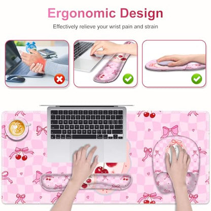Cute Check Mouse Pad with Wrist Support 4 in1 Set, XXL Big Game Mousepad + Keyboard Wrist Rest + Mouse Wrist Rest Pad +Coaster Gaming Mat for Work Study Home Office I Pink Cherry & Bow Dream - color: Pink Cherry & Bow Dream
