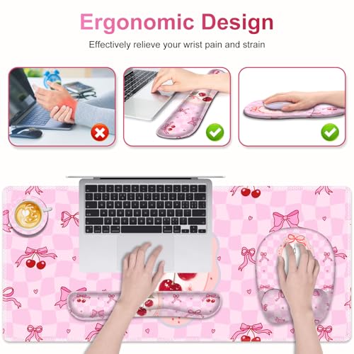 Cute Check Mouse Pad with Wrist Support 4 in1 Set, XXL Big Game Mousepad + Keyboard Wrist Rest + Mouse Wrist Rest Pad +Coaster Gaming Mat for Work Study Home Office I Pink Cherry & Bow Dream - color: Pink Cherry & Bow Dream