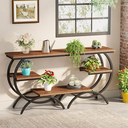 Tribesigns C-Shaped End Table, 3-Tier Industrial Sofa Side Table with Curved Metal Frame for Living Room, Bedroom, Couch, Small Space, Rustic Brown - color: Rustic Brown
