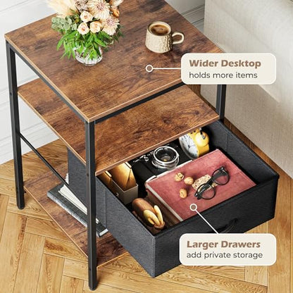 SUPERJARE Night Stand with Charger Station, 27.7 Inch Tall Nightstand with Adjustable Fabric Drawer, Bed Side Table, Fabric Drawer Dresser for Bedroom, Living Room, Rustic Brown and Black - color: Rustic Brown and Black, size: L (15.7"D x 17.7"W x 27.7"H)