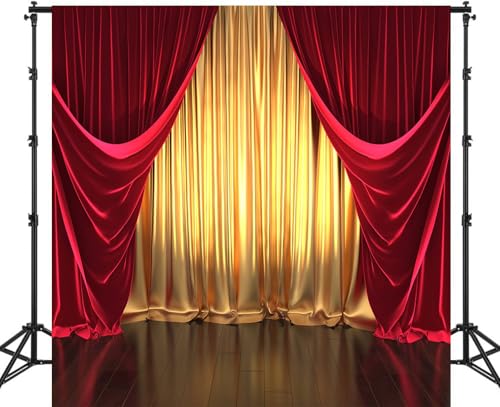3D Rendering Theater Stage Theme Photography Backdrops Golden and Red Curtains Photo Studio Props Vinyl Background for Wedding Birthday Party Decoration Banner 6x6ft - size: 6x6FT(180CM X 180CM）
