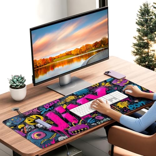 35.4 x 15.7 inches，Extra Large Gaming Mouse Pad，with Fun Graffiti Artwork Desk Mat, School, and Home Decoration，Mouse Pads for Workstation, Striking Text Design Features a Non-Slip Rubber Base - color: Fun Graffiti Style