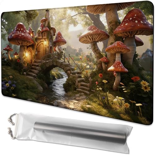 for MTG Playmat 24 x 14 Inches Enchanting Mushroom Houses Magic Play Mat Card Game Mat for Magic The Gathering TCG PTCG Playmat with Free Storage Bags Non-Slip Backing and Stitched Edge - color: Enchanting Mushroom Houses No With Zones