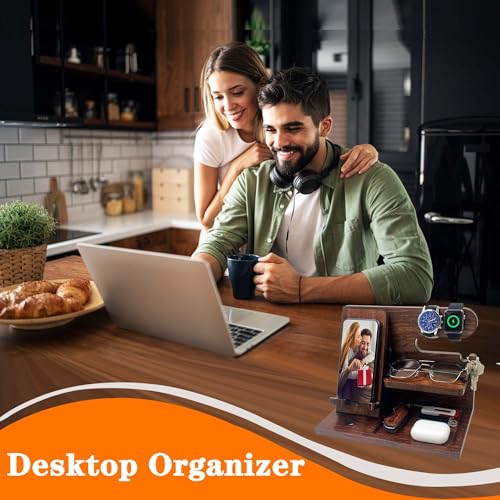 VEIYAILU Gifts for Men Boyfriend Him Brother Nightstand Organizer Gift for dad from Daughter Son Wood Phone Docking Station Anniversary Birthday Gifts (Walnut) - color: Walnut