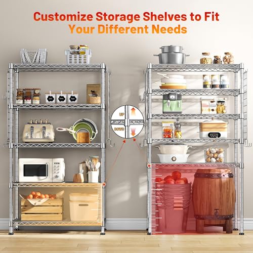 DurayLoly Storage Shelves with Hooks, Metal Shelving 5 Tier Adjustable, Storage Rack 530LBS, Chrome, Metal Shelf Easy Assemble, Wire Shelving for Kitchen, Pantry, 29.5" W x 11.8" D x 59.1" H