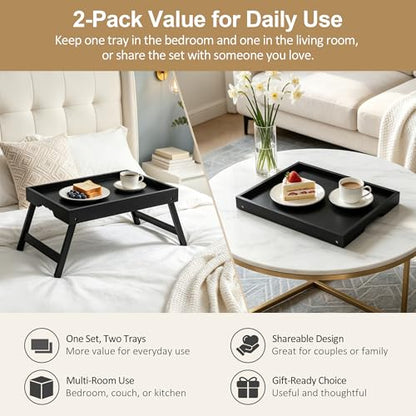 Large Breakfast Tray with Folding Legs Set of 2, 16.9" x 12.2" Bamboo Bed Tray Table with Ergonomic Wave Handles, Foldable TV Dinner Tray for Bed Couch Sofa, Breakfast, Laptop, Coffee, Black - color: Black, size: Large