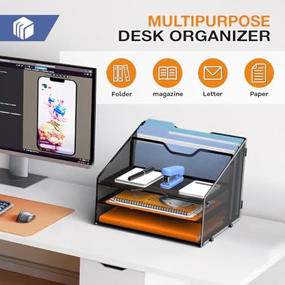 GAWERK Letter Tray Organizer, Mesh Desk File Organizer with 3 Paper Trays and 2 Vertical Upright Section (Silver) - color: Silver