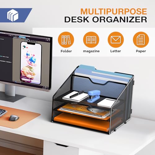 GAWERK Letter Tray Organizer, Mesh Desk File Organizer with 3 Paper Trays and 2 Vertical Upright Section (Pink) - color: Pink
