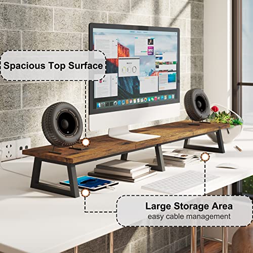 TEAMIX 42 inch Large [Dual] [Monitor] [Riser],Rustic Brown Extra Long TV [Stand Wood & Steel Desktop [Riser] with Storage for [Dual] Screen Office Desk Organization - color: Brown