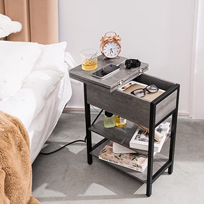 Yoobure End Table with Charging Station, Flip Top Side Table with USB Ports and Outlets, Sofa Couch Table Bedside Table for Living Room Bedroom, Narrow Nightstand with Shelves for Small Space Gray - color: Grey