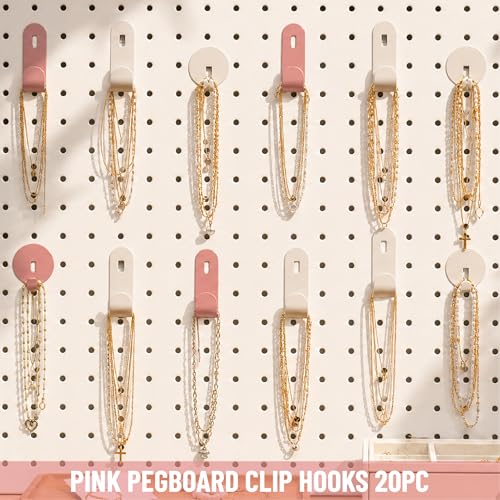 HUHOLE 20PC Pink Pegboard Clip Hooks for Thin Metal 1/4 Inch Pegboard | Picture Hangers with 10 lb Capacity, 10 Round and 10 Angled Peg Hooks for Jewelry, Crafts and Small Accessories - color: Pink