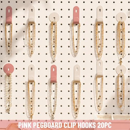 HUHOLE 20PC Pink Pegboard Clip Hooks for Thin Metal 1/4 Inch Pegboard | Picture Hangers with 10 lb Capacity, 10 Round and 10 Angled Peg Hooks for Jewelry, Crafts and Small Accessories - color: Pink