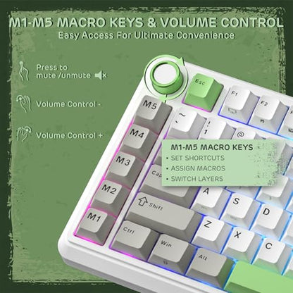RK ROYAL KLUDGE L75 Gasket Mount Mechanical Keyboard w/Knob/Macro Keys & Touchable Nameplate, Tri-Mode 75% TKL Wireless Keyboard BT/2.4G/USB-C, Hot Swappable, Pro Software, Massive 8000mAh Battery - color: Lemon Green, size: Linear Cream Switch
