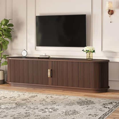 Walnut Rustic TV Stand with Sliding Wood Doors - 75" TV Media Console