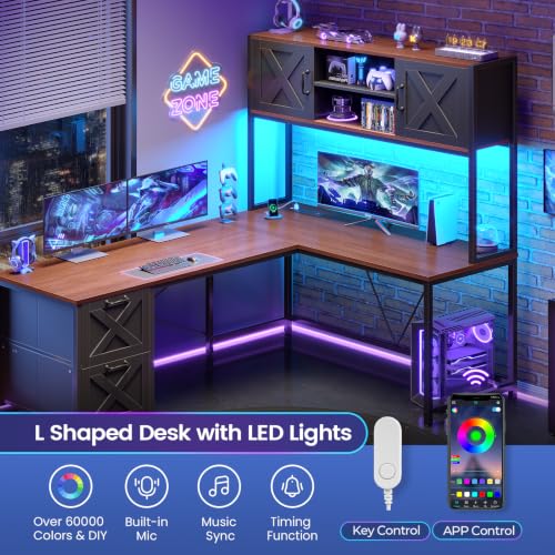 SEDETA L Shaped Gaming Desk, Reversible Computer Desk with Fabric Drawers and Power Outlet, Gaming Desk with Led Lights, Hutch and Storage Shelf for Home Office (Black and Brown) - color: Black and Brown