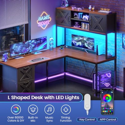 SEDETA L Shaped Gaming Desk, Reversible Computer Desk with Fabric Drawers and Power Outlet, Gaming Desk with Led Lights, Hutch and Storage Shelf for Home Office (Black and Brown) - color: Black and Brown