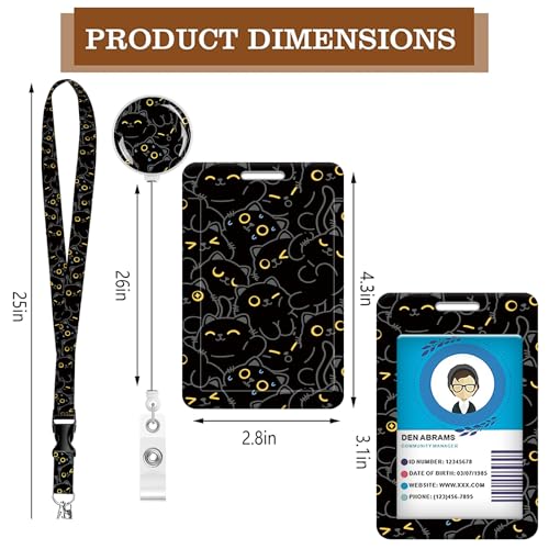 ID Badge Holder with Lanyard Fashionable ID Card Holders with Retractable Lanyards Soft Fiber Metal Clip Sturdy Buckle for Key Wallet Work Nurse Teacher (Cute Black Cat) - color: Cute Black Cat