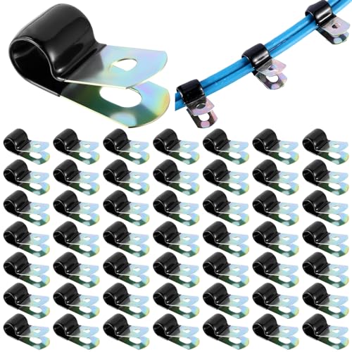 Tandefio 50 Pack Vinyl Coated Cable Clamps Galvanized Steel Cable Metal Wire Rubber Cushioned Insulated Hose Pipe Clamp for Tube Lines Wire Cord Installation(3/8 Inch,10mm) - size: 3/8 Inch (10mm)