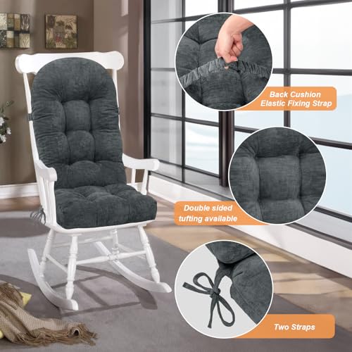 Rocking Chair Cushion - Chenille Fabric, High-Density Sponge, Durable Comfort Double-Sided Tufted Seat Pads with Ties, Chenille︱Dark Gray, 44x19x4 inch - color: Reversible | Dark Gray