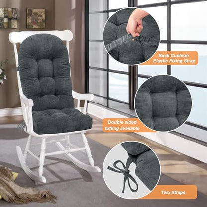 Rocking Chair Cushion - Chenille Fabric, High-Density Sponge, Durable Comfort Double-Sided Tufted Seat Pads with Ties, Chenille︱Dark Gray, 44x19x4 inch - color: Reversible | Dark Gray