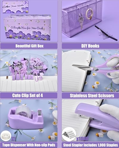 LXEVIHK 21Pcs Purple Desk Organizers and Accessories With Mesh Desk Organizer and 360°Rotating Pen Holder and a Lot of Office Purple Office Supplies Beautifully Presented in a Gift Box - color: purple