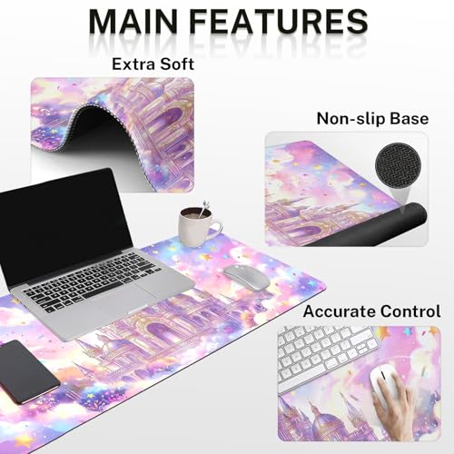 Arttown Pink Castle Desk Mat Star Ribbons Mouse Pad Set 4 in 1 Ergonomic Design Large Mouse Pad + Keyboard Wrist Rest + Mouse Wrist Rest + Coaster Suitable for Home Office Study Game - color: Pink Castle