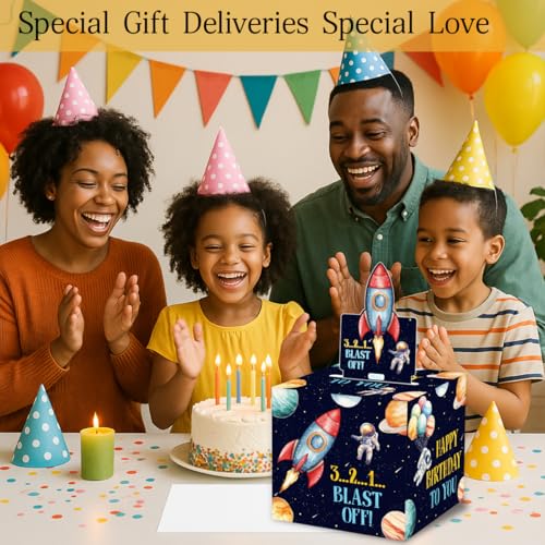 ChillHui Outer Space Birthday Money Gift Boxes for Cash, Astronaut Birthday Money Pull Box for Boys Girls - color: Black Astronaut