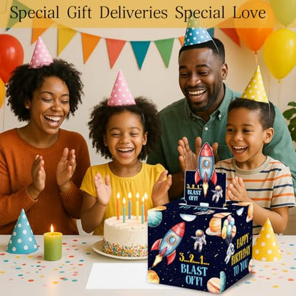 ChillHui Outer Space Birthday Money Gift Boxes for Cash, Astronaut Birthday Money Pull Box for Boys Girls - color: Black Astronaut