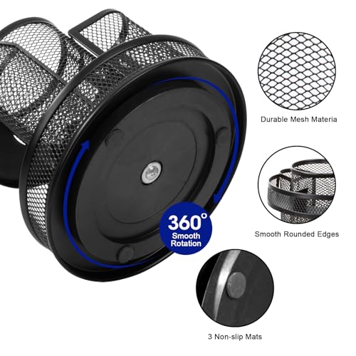 Comix 360° Rotating Pen Holder for Desk, 9 Compartments Office Desk Organizer, Black Mesh Metal Pencil Holder Cup for Office Home School - color: B2051
