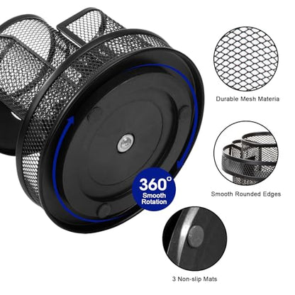 Comix 360° Rotating Pen Holder for Desk, 9 Compartments Office Desk Organizer, Black Mesh Metal Pencil Holder Cup for Office Home School - color: B2051