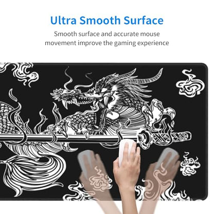 Japanese Dragon Large Gaming Mouse Pad for Desk, Black Mouse Pad Gaming Mouse Mat Desk Pad, Non-Slip Base Computer Pad Keyboard Mat, 31.5x11.8in XL Mousepad with Stitched Edge for Home Office - color: Japanese Dragon