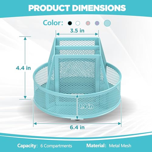 Docnest 360° Rotating Pen Holder,Heavy-Duty Metal Mesh Desk Organizer with 6 Compartments for Pencils,Scissors & Markers –Space Saving Office Supply for Teachers, Students & Home Desk-Blue - color: Blue