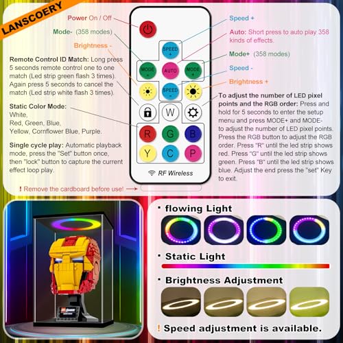LANSCOERY Acrylic Display Case 9.8x7.9x15.8 in, 10mm Base, RGB Ring Light, 3mm Clear Panels, Front Door for Action Figures and Models - size: 9.8x7.9x15.8inch; 25x20x40cm