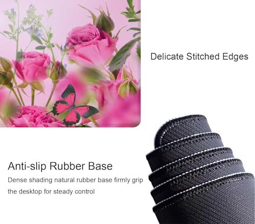 Mouse Pad Gaming, Large Mouse Pads for Desk, Keyboard Mouse Mat Desk Pad, Non-Slip Rubber Base with Stitched Edges Mousepad, 31.5x11.8in Roses Butterfly - color: Roses Butterfly