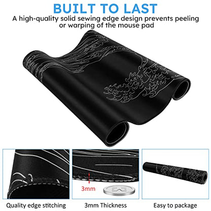 iCasso Mousepad, Gaming Mouse Pad, XXL Large Desk Mat, Big Rubber Base Mouse Mat with Stitched Edges, Computer Keyboard Desk Pad for Work, Game, Office, Home - Black Wave of Kanagawa - color: Black Wave of Kanagawa