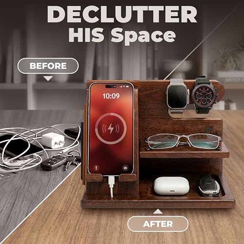 TESLYAR Wood Phone Docking Station for Men - Desktop or Nightstand Organizer - Birthday Gifts for Men, Dad - Anniversary Idea from Wife - Key Holder, Stand Wallet, Watch & Essentials (Bourbon Brown) - color: Bourbon Brown