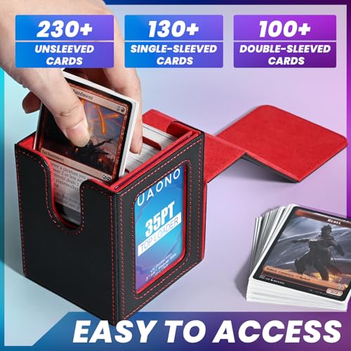 UAONO Card Deck Box with MTG Commander Display, Deck Case Holds 100+ Double-Sleeved Cards, Trading Card Storage Box Fits TCG/PTCG/Sports Card with 2 Dividers, 1 Top Loaders (Black, Red) - color: A-Black&Red