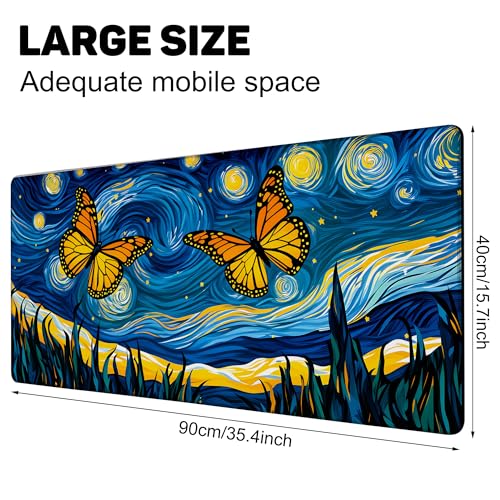 Starry Night Butterflies Gaming Mouse Pad Large Desk Mat Extended Keyboard Anime Mousepad with Non-Slip Base and Stitched Edge for Desk Home Office Gaming,35.4 x 15.7 Inch - color: Starry Night Butterflies, size: 15.7*35.4inch