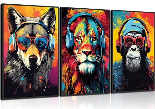 3pcs Gaming Wall Art Animal Graffiti Posters Pictures With Headphones Sunglasses Gorilla Tiger Wolf Cool Gamer Canvas Prints Colorful Graffiti Paintings for Teens Game Boys Room Wall Decor Unframed - color: Gaming Animal Posters, size: 16"Lx12"W
