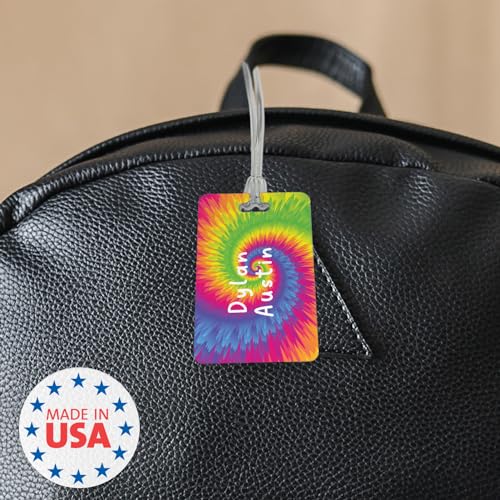 Personalized Tie Dye Luggage Tag / 2.75" x 4" Custom Retro Bag Tag/Double Sided Durable Plastic Luggage Tag with Plastic Strap/Made in The USA - style: Tie Dye