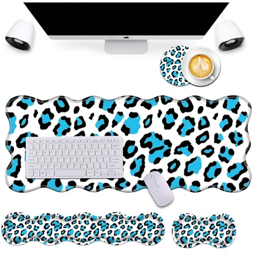 Bxgolkgd Desk Mat Set,Mouse Pad with Keyboard Wrist Rest & Mouse Wrist Rest,Wave-Shaped Design,Non-Slip Rubber Base,Ergonomic Desk Mat for Home,Office,Gaming,Blue Leopard Print - color: Blue Leopard Print