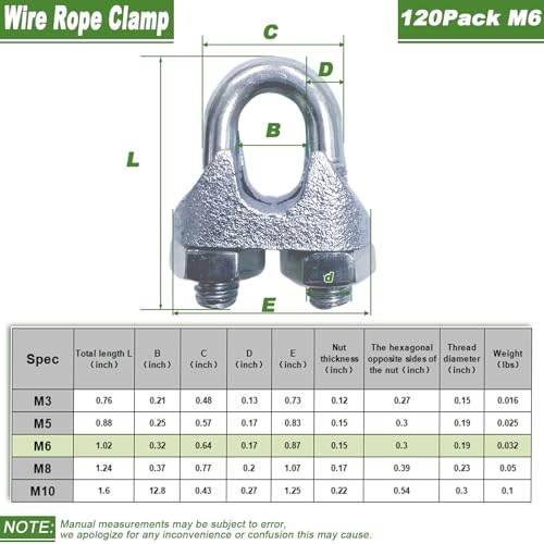 120PCS M6 Galvanized Zinc-Plated Wire Rope Cable Clamp Clips, 1/4" Wire Cable Clamps with U-Bolt Saddle Fasteners for Secure Rigging & Marine Use - size: M6-120PCS