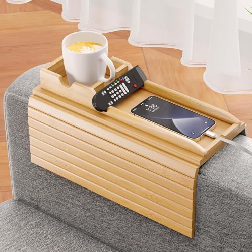 Bestjing Bamboo Sofa Armrest Tray - Couch Arm Tray with Detachable Couch Cup Holder - 2 in 1 Anti-Slip Foldable Sofa Armchair Caddy Table for Drinks Cellphone TV Remote Snacks - color: Bamboo, size: 16.3" x 13.3" x 2"