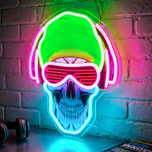 Headphones Skull Neon Sign, LED Gamer Neon Light, Dimmable Gaming Neon Signs for Bedroom, Gaming Room, Man Cave, Party, Cool Aesthetic Room Decor for Teens Boys - color: pink-skull