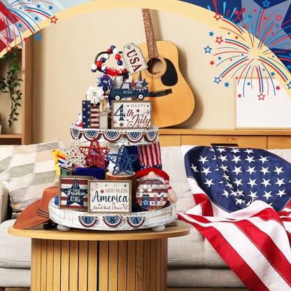 20 Pcs 4th of July 250th Anniversary Patriotic Tiered Tray Decoration USA Flag Wood Signs Rustic Independence Day Wooden Tiered Tray Decorations for Labor Memorial Day Home Party - style: Classic Style