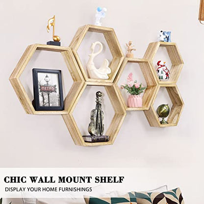 NOVIMANGO Hexagonal Floating Shelves Wall Mounted Set of 6 Wooden Hexagon Shelves Farmhouse Storage Honeycomb Shelves Hexagon Hanging Shelves Rustic Geometric Shelf for Nursery Bedroom Living Room - color: 6 Pack Wood Color